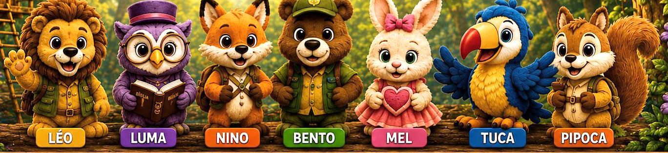 Léo, Luma, Nino, Bento, Mel, Tuca e Pipoca, os mascotes do CEV Kids